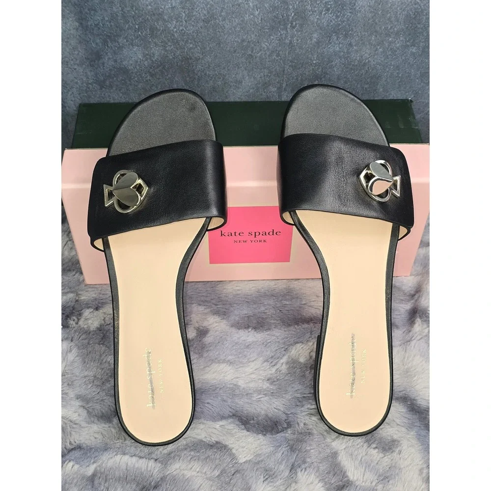 NWB‎ Kate Spade Ferry Black Leather Slide Sandals Size 9